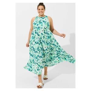 Torrid Green Watercolor Floral Gauze Halter Tiered Maxi Dress Sz.2 NWT